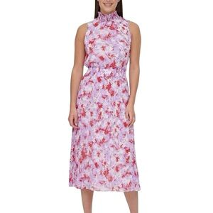 NWT Calvin Klein Floral Midi Dress Purple Smocked High Neck Pleated Sleeveless L